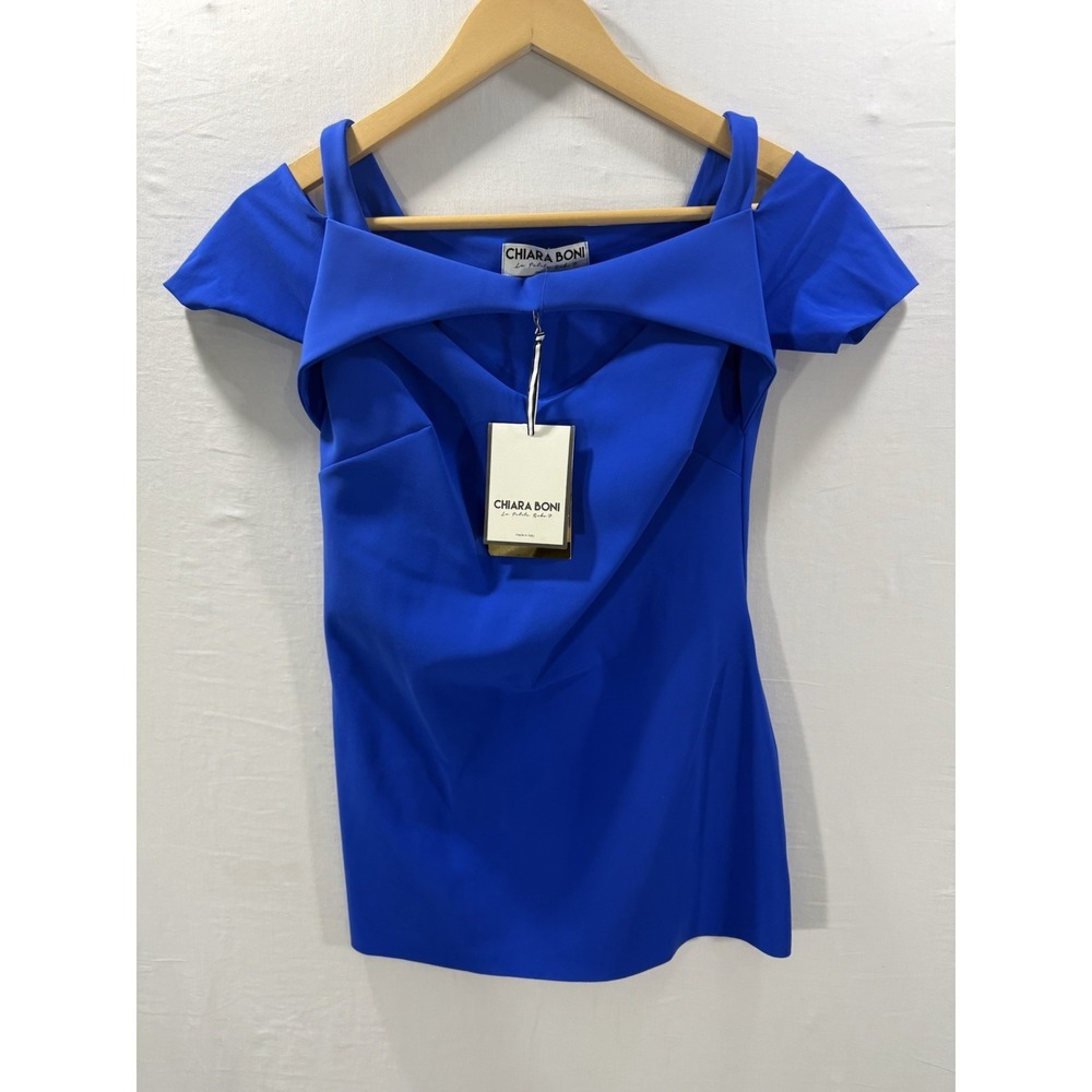 NWT Chiara Boni La Petite Robe Jocelyn Blue Off Shoulder Top Sz 38 / US 2 Italy